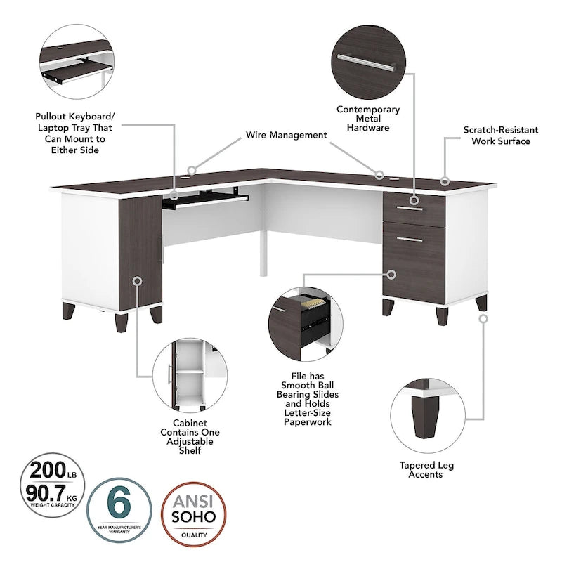 Rohový stůl ve tvaru písmene L se skříňkou, 72 palců