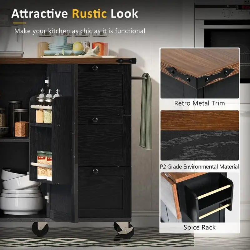 Rolling Kitchen Island with Drop-Leaf Top and Storage