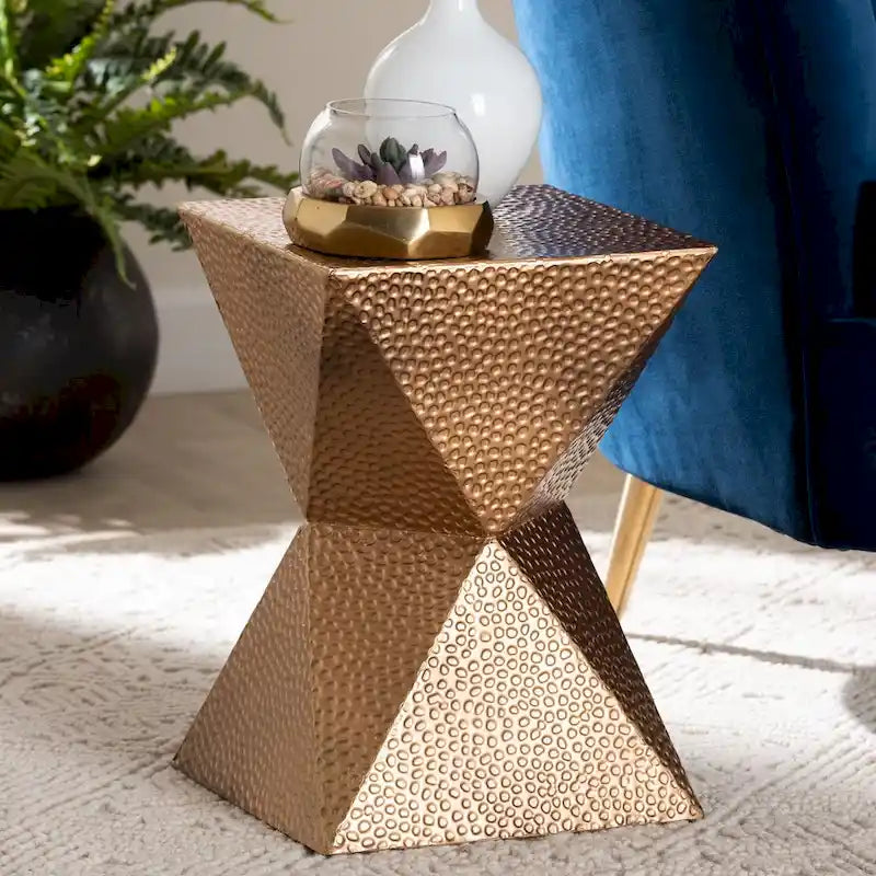 Pacey Textured Metal Accent Table - Geometric Gold Side Table with Hourglass Silhouette for Indoor or Semi-Outdoor Use