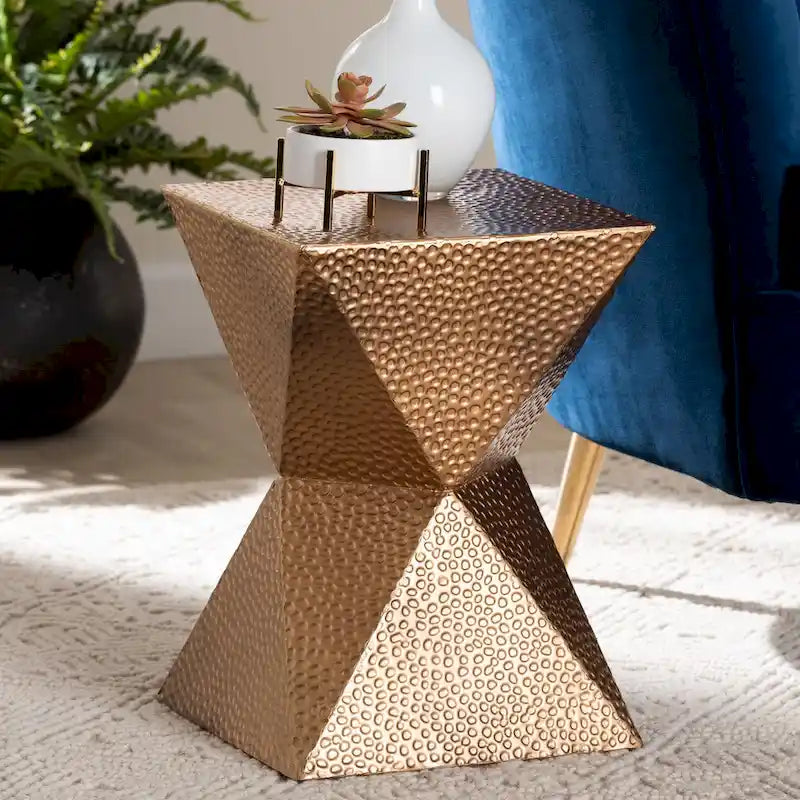 Bronze Textured Metal Side Table with Hourglass Base