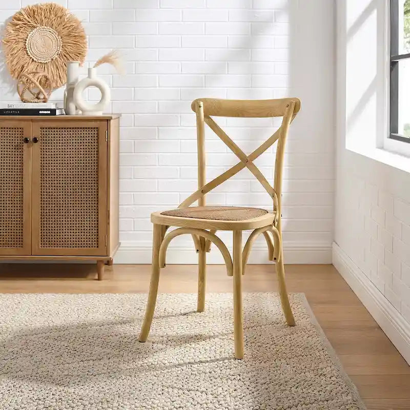 Cross-Back Dining Chair with Rattan Seat