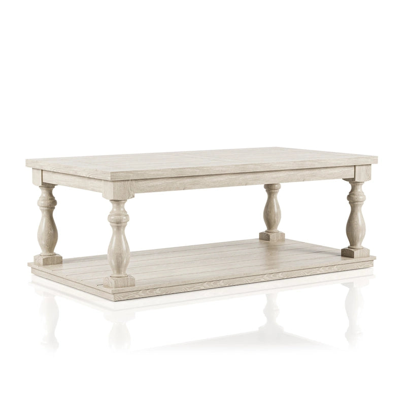 52-Inch Antique White Coffee Table with Lower Shelf