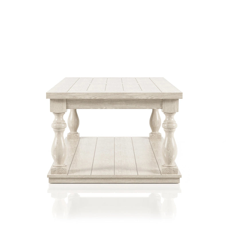 52-Inch Antique White Coffee Table with Lower Shelf