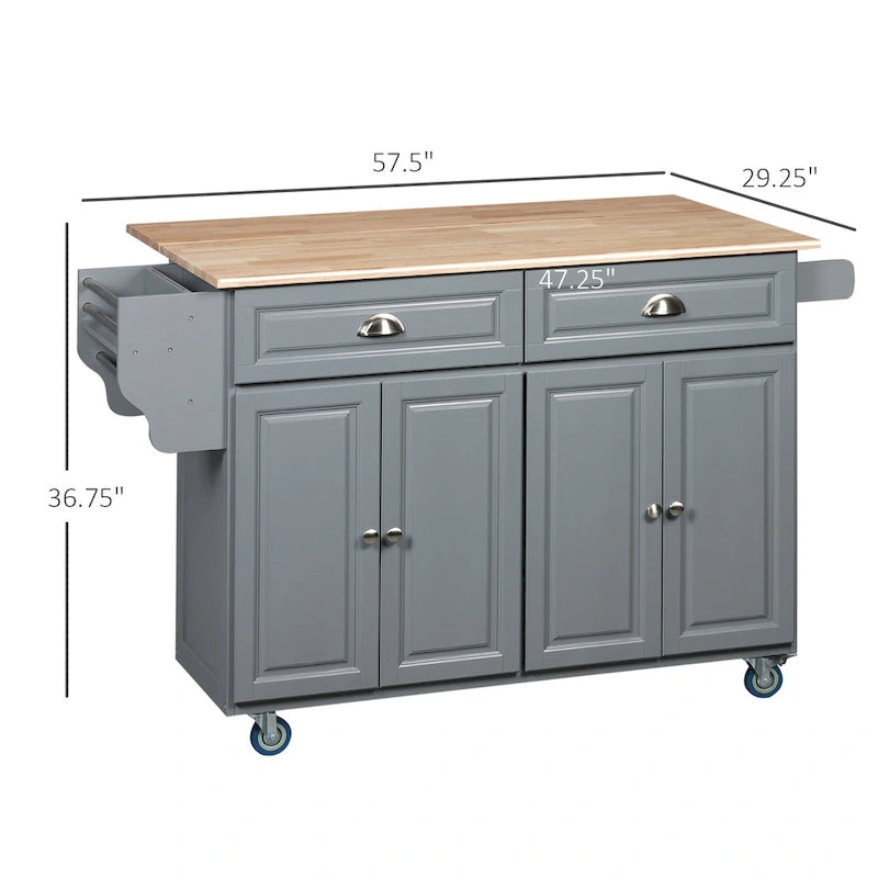 Dark Grey Kitchen Island with Drop-Leaf Top and Storage