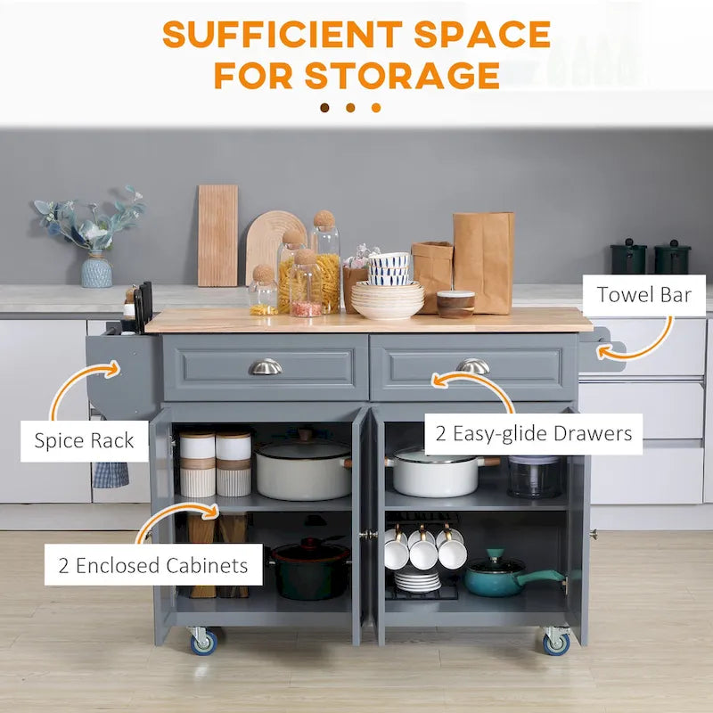Dark Grey Kitchen Island with Drop-Leaf Top and Storage