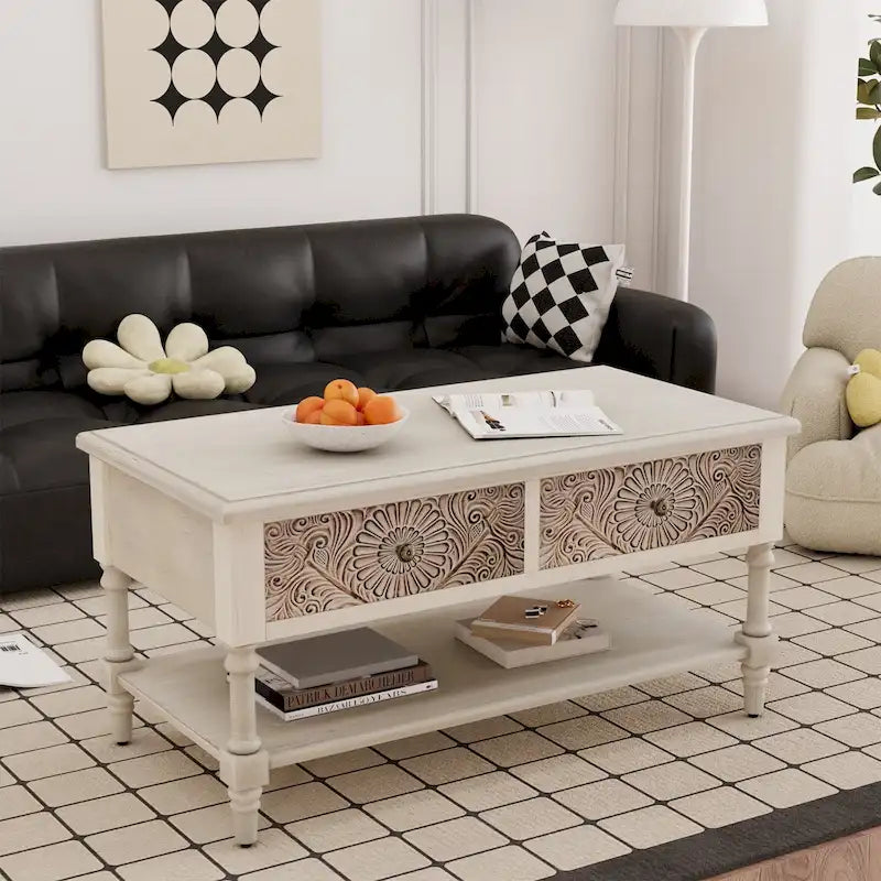 Table basse rectangulaire avec 2 tiroirs et étagère inférieure