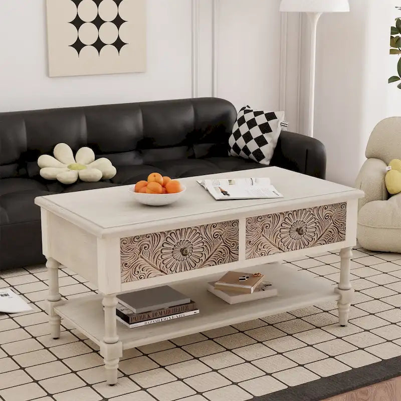 Table basse rectangulaire avec 2 tiroirs et étagère inférieure