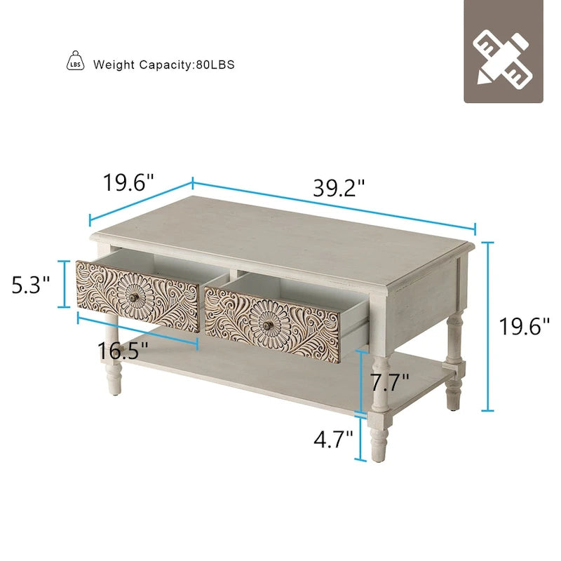 Table basse rectangulaire avec 2 tiroirs et étagère inférieure