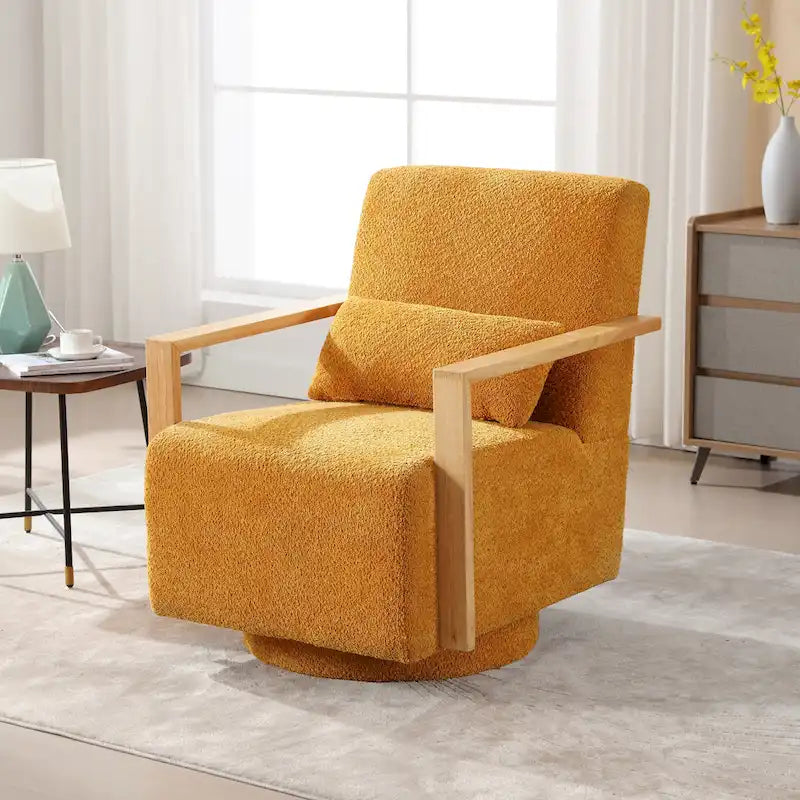 Boucle Upholstered Swivel Armchair with Pillow