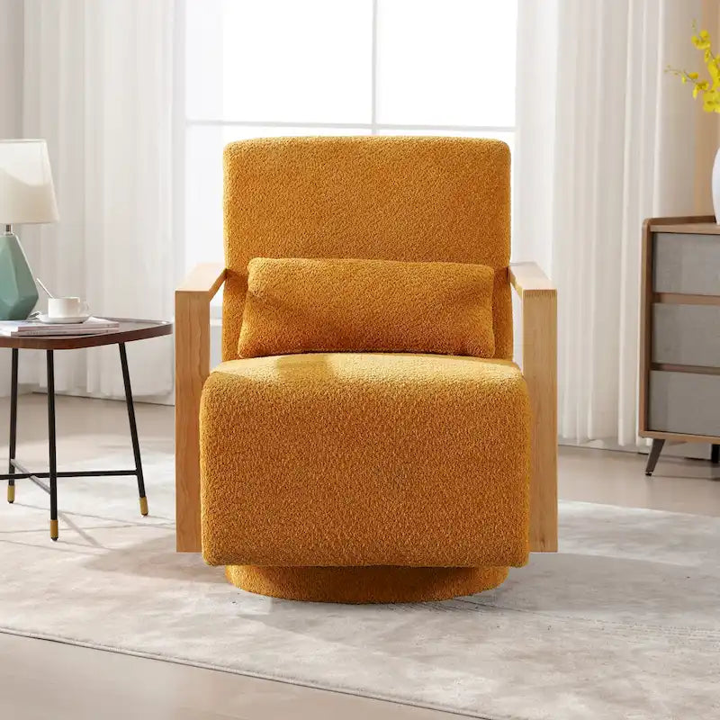 Boucle Upholstered Swivel Armchair with Pillow