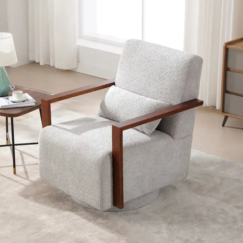 Boucle Upholstered Swivel Armchair with Pillow
