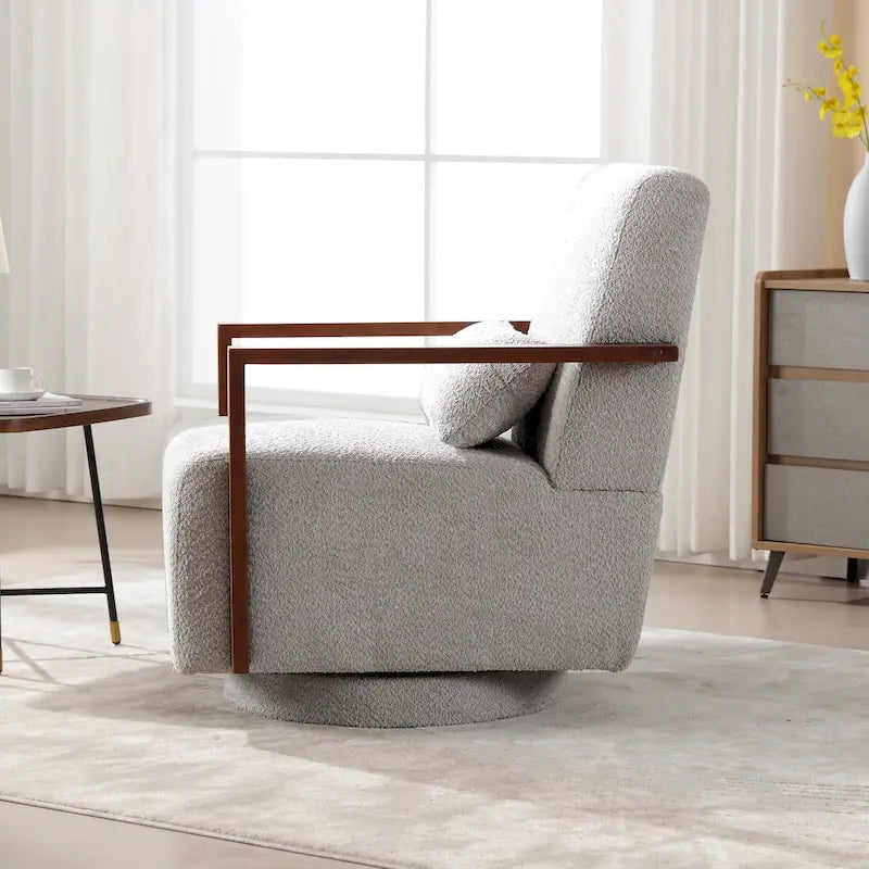 Boucle Upholstered Swivel Armchair with Pillow