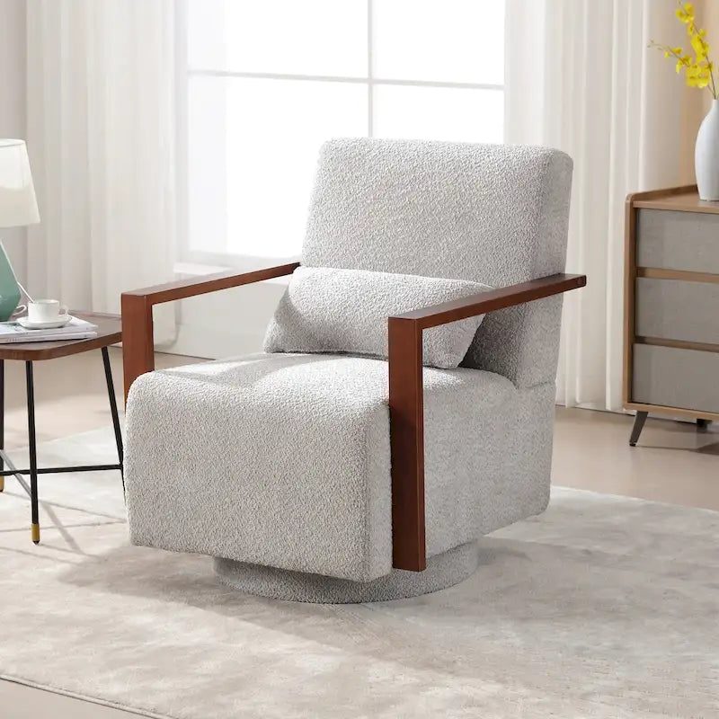 Boucle Upholstered Swivel Armchair with Pillow