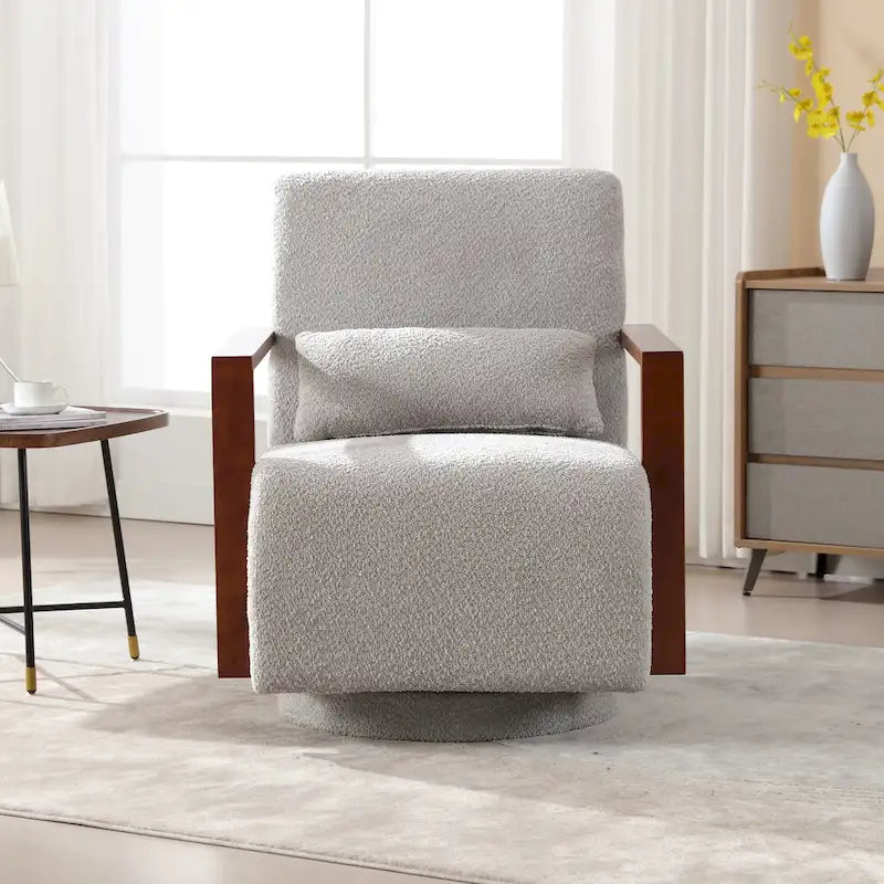 Boucle Upholstered Swivel Armchair with Pillow