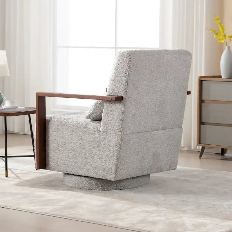 Boucle Upholstered Swivel Armchair with Pillow