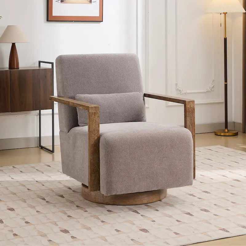 Boucle Upholstered Swivel Armchair with Pillow