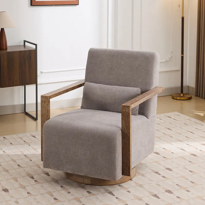 Boucle Upholstered Swivel Armchair with Pillow