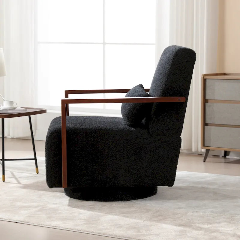 Boucle Upholstered Swivel Armchair with Pillow