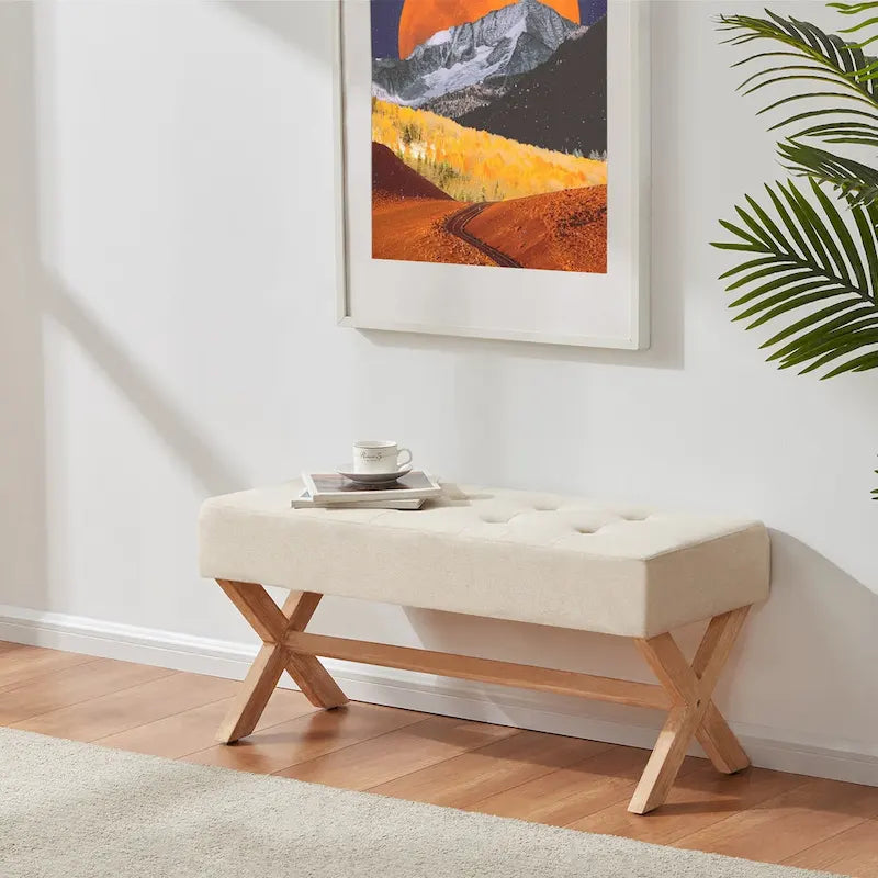 Gestoffeerde bank van 35 inch met houten poten in X-vorm