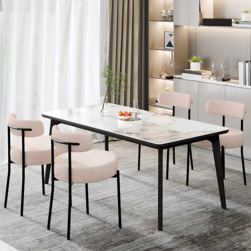 Boucle Upholstered Dining Chairs with Black Metal Legs