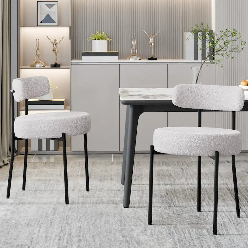 Boucle Upholstered Dining Chairs with Black Metal Legs