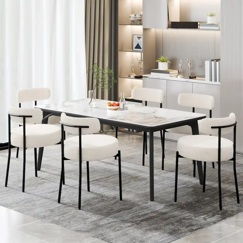Boucle Upholstered Dining Chairs with Black Metal Legs
