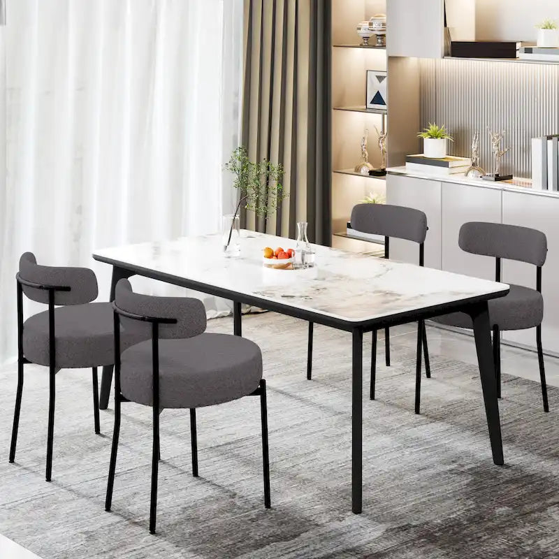 Boucle Upholstered Dining Chairs with Black Metal Legs