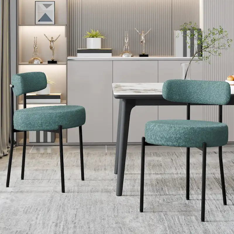 Boucle Upholstered Dining Chairs with Black Metal Legs