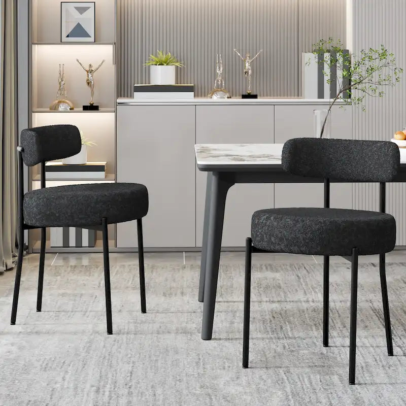 Boucle Upholstered Dining Chairs with Black Metal Legs