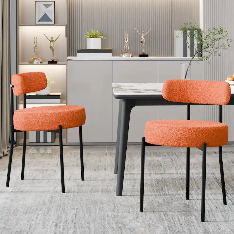 Boucle Upholstered Dining Chairs with Black Metal Legs