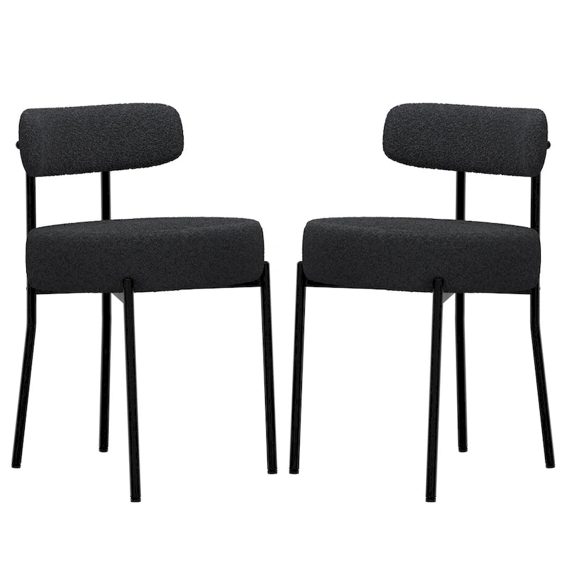 Boucle Upholstered Dining Chairs with Black Metal Legs