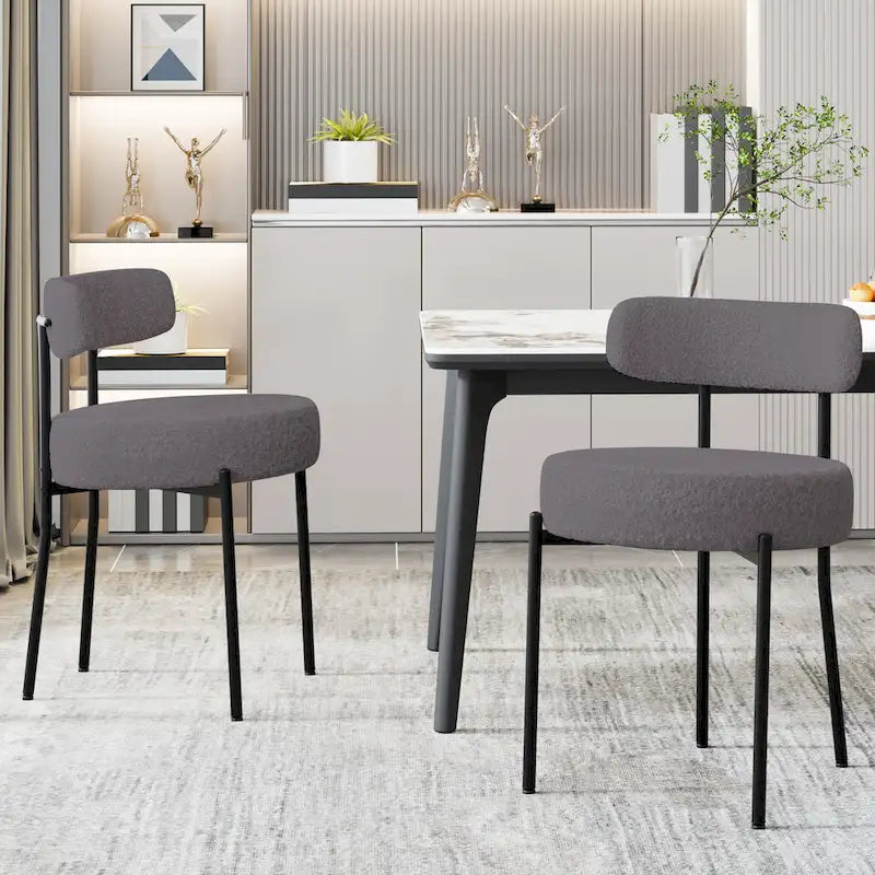 Gepolsterte Bouclé-Esszimmerstühle mit schwarzen Metallbeinen