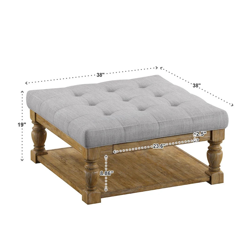 38-Inch Square Upholstered Ottoman Coffee Table with Lower Shelf
