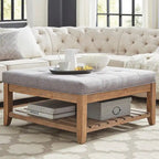 38-Inch Square Upholstered Ottoman Coffee Table with Lower Shelf