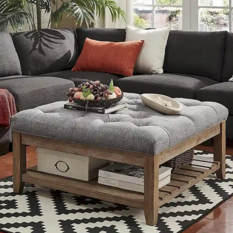 38-Inch Square Upholstered Ottoman Coffee Table with Lower Shelf