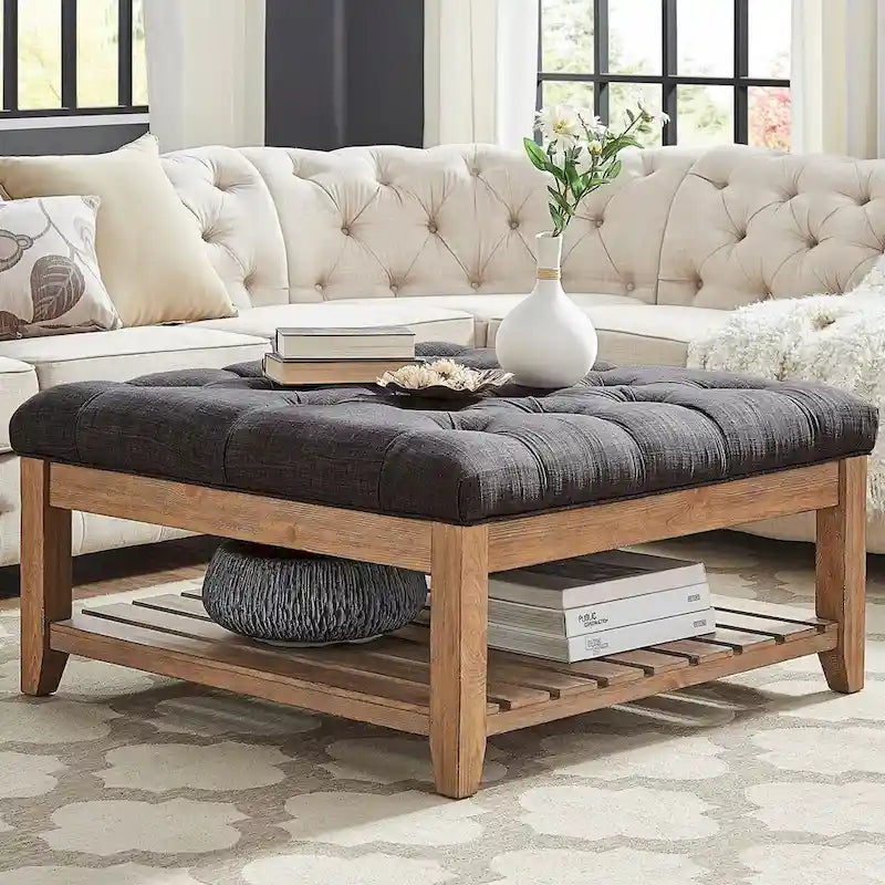 38-Inch Square Upholstered Ottoman Coffee Table with Lower Shelf