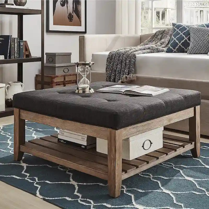 38-Inch Square Upholstered Ottoman Coffee Table with Lower Shelf