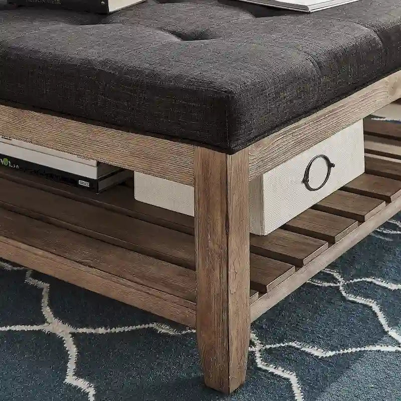 38-Inch Square Upholstered Ottoman Coffee Table with Lower Shelf