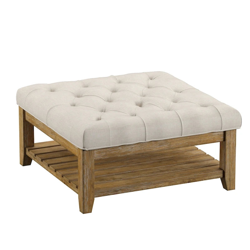 38-Inch Square Upholstered Ottoman Coffee Table with Lower Shelf