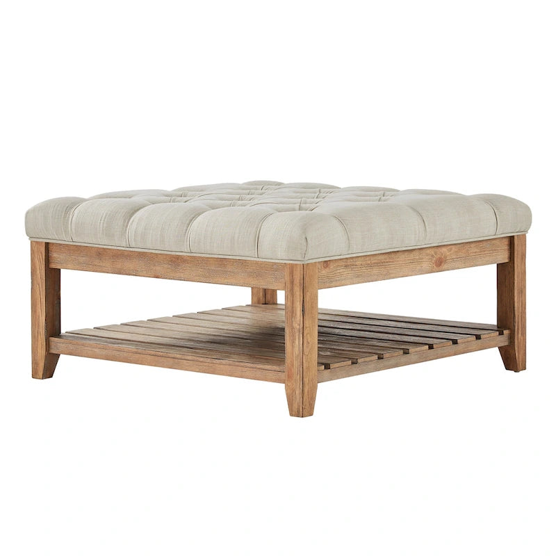 38-Inch Square Upholstered Ottoman Coffee Table with Lower Shelf