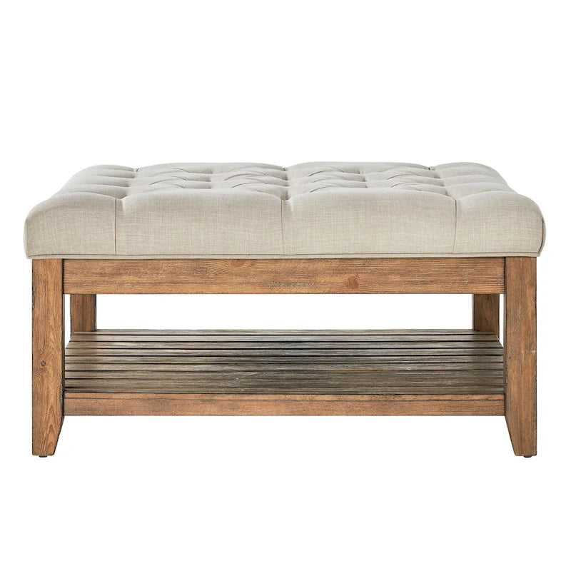 38-Inch Square Upholstered Ottoman Coffee Table with Lower Shelf