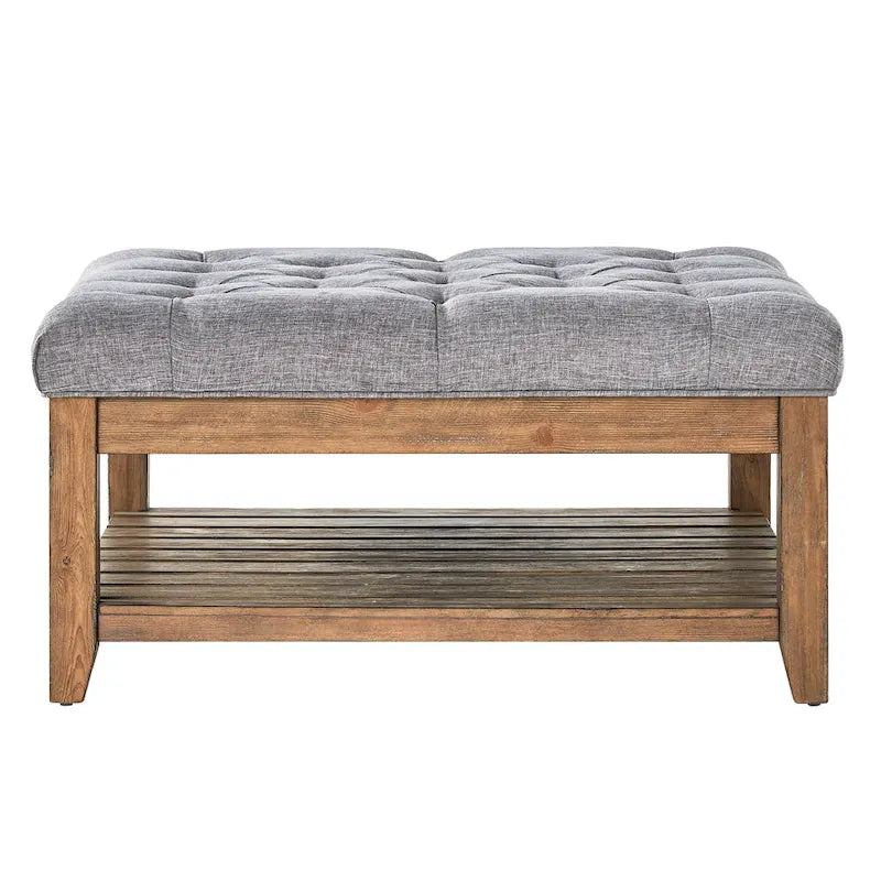 38-Inch Square Upholstered Ottoman Coffee Table with Lower Shelf
