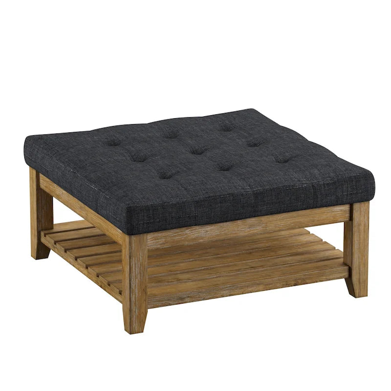 38-Inch Square Upholstered Ottoman Coffee Table with Lower Shelf