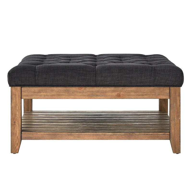 38-Inch Square Upholstered Ottoman Coffee Table with Lower Shelf