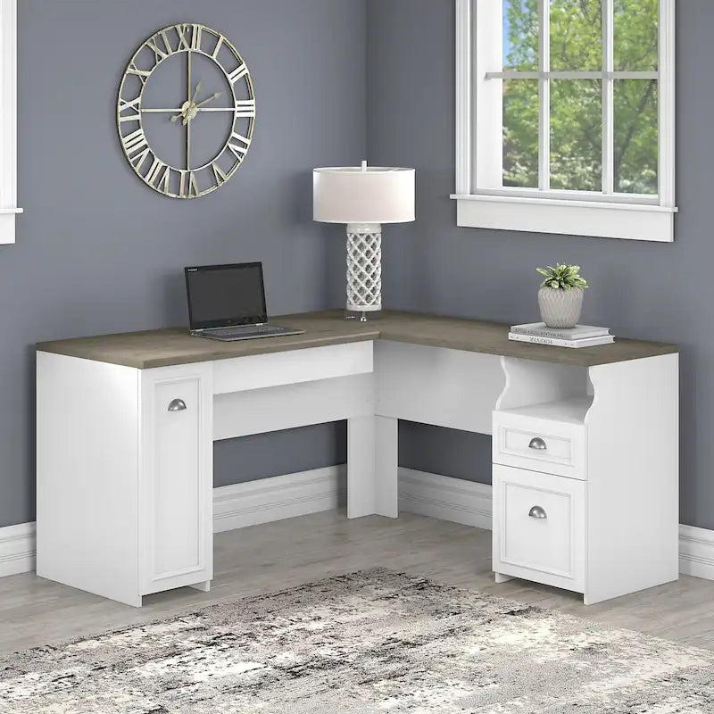 60-Inch L-Shaped Desk with Drawers and Storage Cabinet