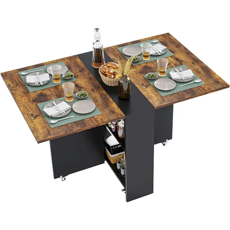 Drop-Leaf Folding Dining Table with Storage Shelves