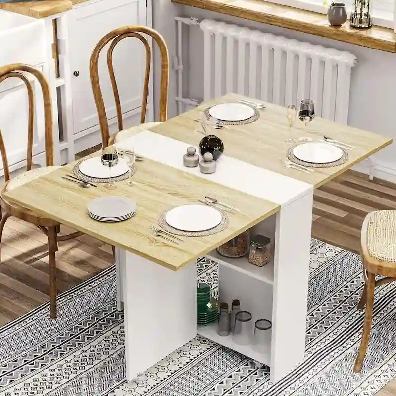 Drop-Leaf Folding Dining Table with Storage Shelves