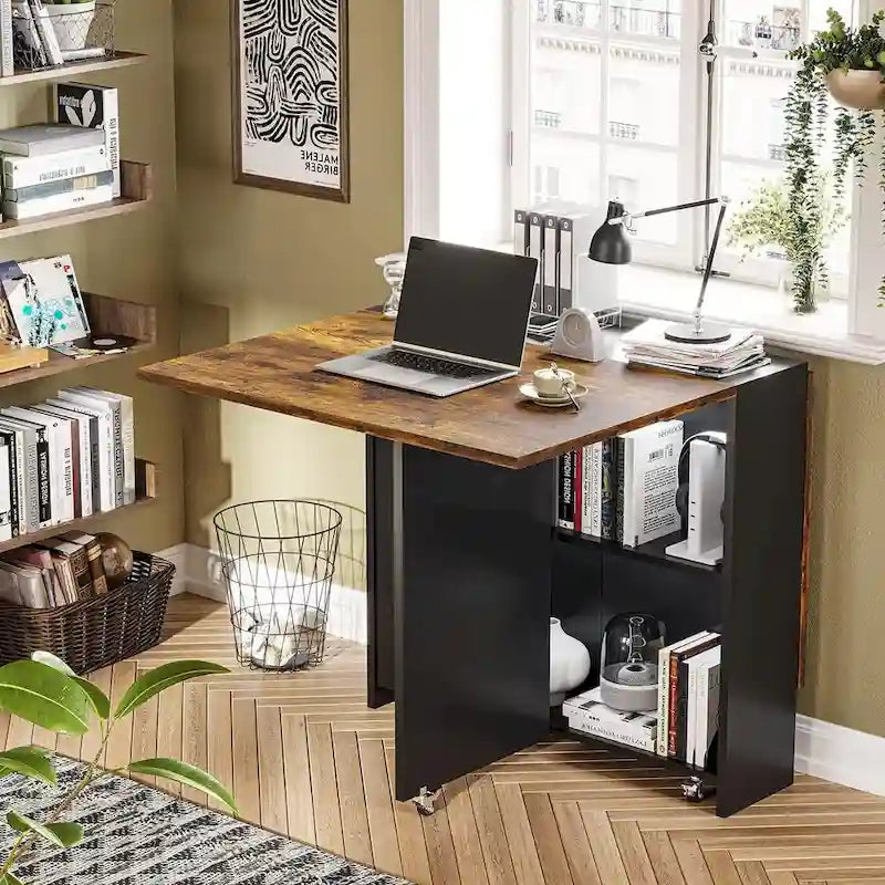 Drop-Leaf Folding Dining Table with Storage Shelves