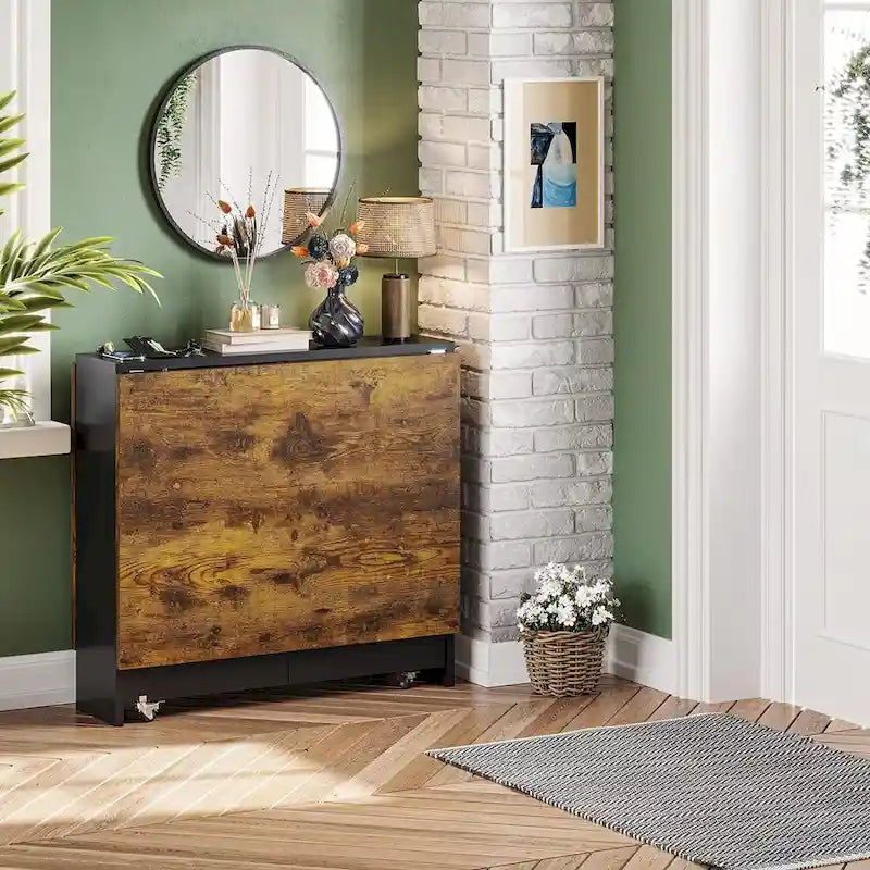 Drop-Leaf Folding Dining Table with Storage Shelves