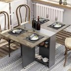 Tavolo da pranzo pieghevole con piano a ribalta e ripiani contenitore